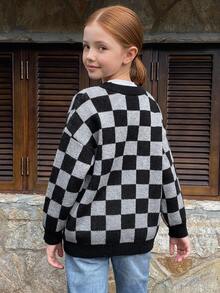 DAZY Tween Girl) Plaid Colorblock Loose Cardigan Casual Sweater Autumn/Winter Long Sleeve Open Front Jacket - Dark Grey - View 3