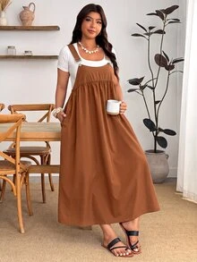 Enliva Plus Size Loose Black Strap Dress - Brown - View 6