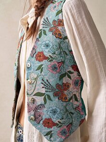 Bohemela Women's Floral Pattern Casual Daily Vest Jacket - Army Green - View 3