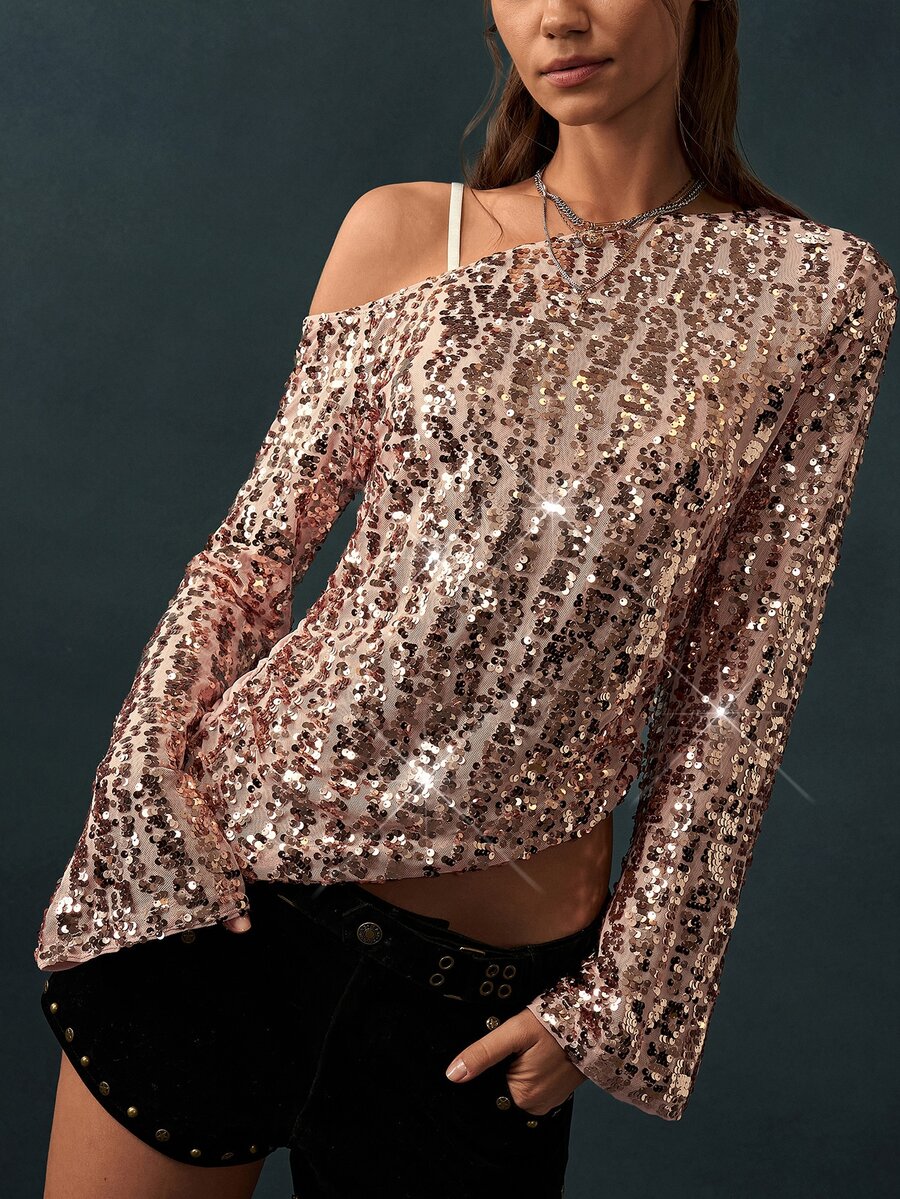 Bohemela Atasan Fashion Wanita Warna Polos Lengan Panjang Bahu Asimetris dengan Payet - Dusty Pink - View 1