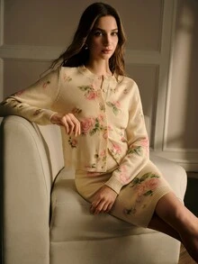 MOTF PREMIUM WOMEN'S FLORAL PRINT SINGLE-BREASTED CARDIGAN AND SWEATER SKIRT - Coffee Brown - View 1