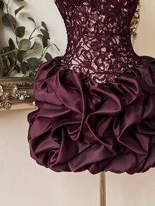 Lovelzi Elegant Romantic Lace Twisted Rope Patchwork Satin Bud-Shaped Design, With Fishbone Eyelash Lace Trim Short Skirt, Suitable For Pre-Wedding Party, Wedding And Graduation Prom. - Burgundy - View 7