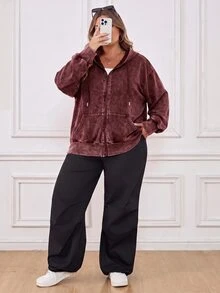 SHEIN CURVE+ 大尺碼開襟拉鍊式水洗布料長袖運動衫，黑色休閒套頭衫，2026 22W - 酒紅色 - 查看 9