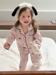 DAZY Infant/Toddler (Girl) Collared Striped All-Over Print Comfortable Long Sleeve Shirt & Long Pants 2 Pieces Set Loungewear - Baby Pink - View 7