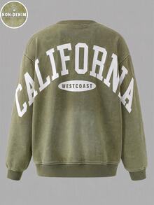 大童男孩數位印花 California 英文字母時尚休閒圓領長袖運動衫 綠色上衣 - 彩色 - 查看 2