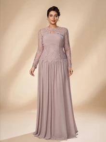 Serin Plus Size Elegant Romantic Champagne Lace Long Sleeve 2 Pieces Set French Lace Patchwork Chiffon Ruched Extra Large A-Line Skirt Suitable For Wedding Events Parties Celebrations All Formal Occasions Bride Mother Dress - Dusty Pink - View 1