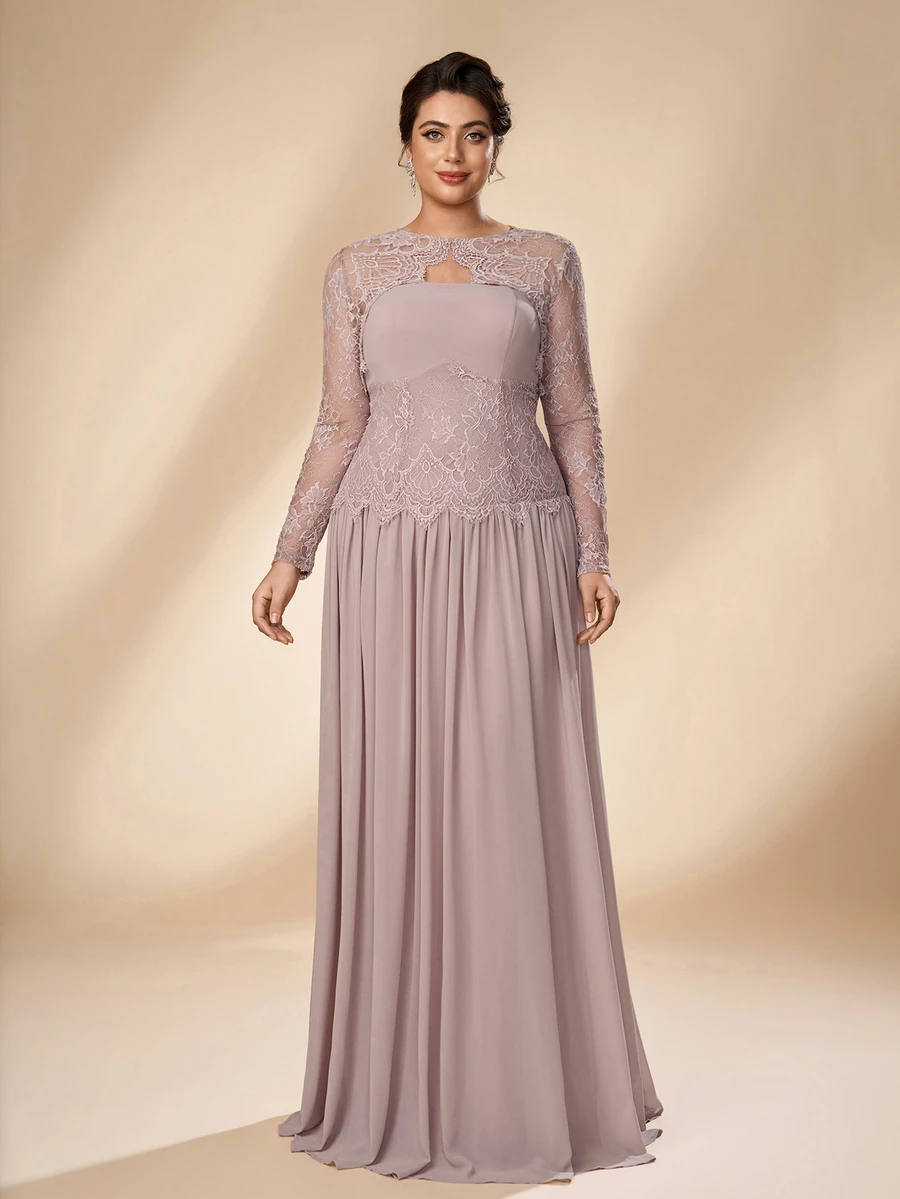 Serin Plus Size Elegant Romantic Champagne Lace Long Sleeve 2 Pieces Set French Lace Patchwork Chiffon Ruched Extra Large A-Line Skirt Suitable For Wedding Events Parties Celebrations All Formal Occasions Bride Mother Dress - Dusty Pink - View 1