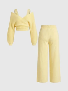 ROMWE Kawaii Shoulder Strap V-Neck Lace Strap Loose Wide Leg Pants Comfortable Home Wear Women's Sweater 2 Pieces Set - Light Yellow - View 2