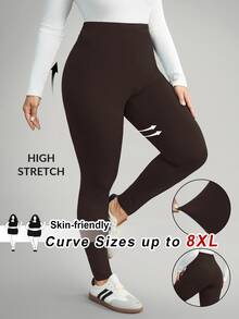 SHEIN CURVE+ 大尺碼女款休閒純色內搭褲，百搭簡約，適合上班/辦公室/健身房，秋冬保暖內搭褲 - 棕色 - 查看 2