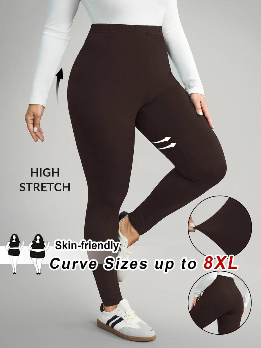 SHEIN CURVE+ 大尺碼女款休閒純色內搭褲，百搭簡約，適合上班/辦公室/健身房，秋冬保暖內搭褲