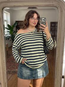 SHEIN CURVE+ 女款大尺碼 22W 秋季/冬季條紋寬鬆大尺碼 T 恤 - 彩色 - 查看 3
