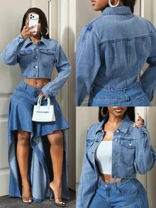 Slaydiva Women's Long Sleeve Single-Breasted Casual Cropped Denim Jacket - Light Wash - View 1