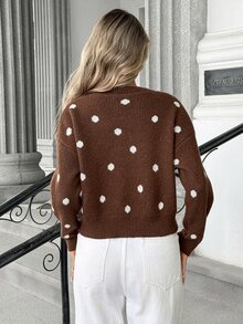 Pariaura French Sweet Style Vintage Colorblock Polka Dot Jacquard Slimming Slouchy Round Neck Pullover Sweater - Coffee Brown - View 2