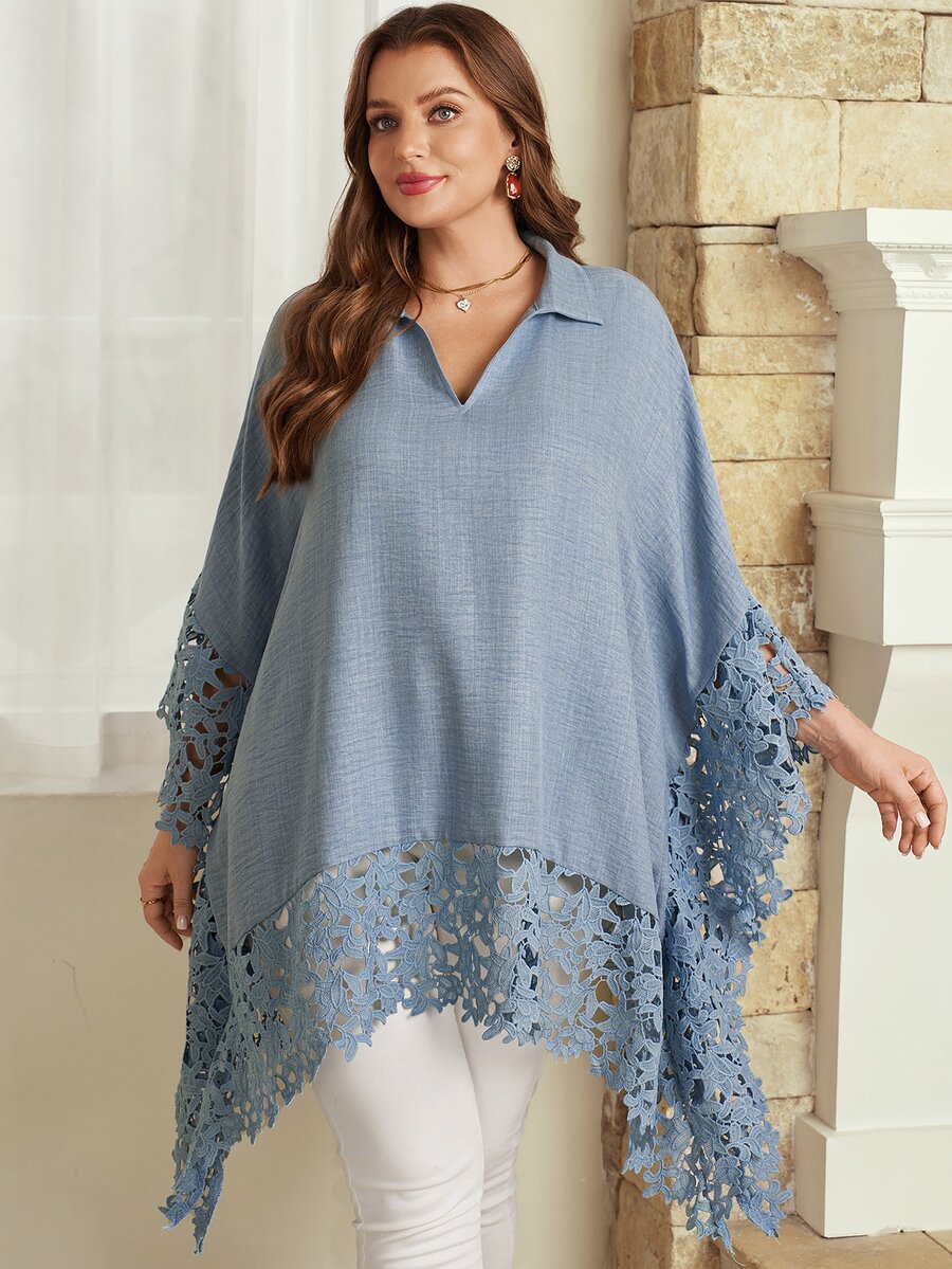 EMERY ROSE Plus Size Women Autumn/Winter Casual Vacation Elegant Loose Blue Lace Patchwork Blouse Top Shirt,Fall Going Out,Formal,Business, Office - Blue - View 1