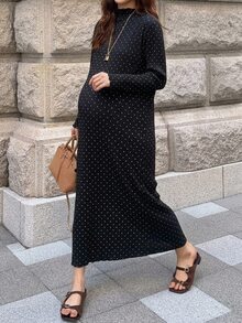 Dazy Maternity Polka Dot Loose Long Sleeve Maxi Casual Vacation Daily Spring Autumn Maternity Dress - Black - View 4