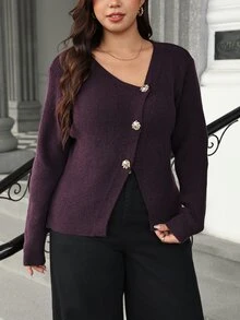 Roveilla Autumn/Winter Fashion Asymmetric Design Fitted Asymmetrical Gold Button Decor Pullover Sweater - Purple - View 1