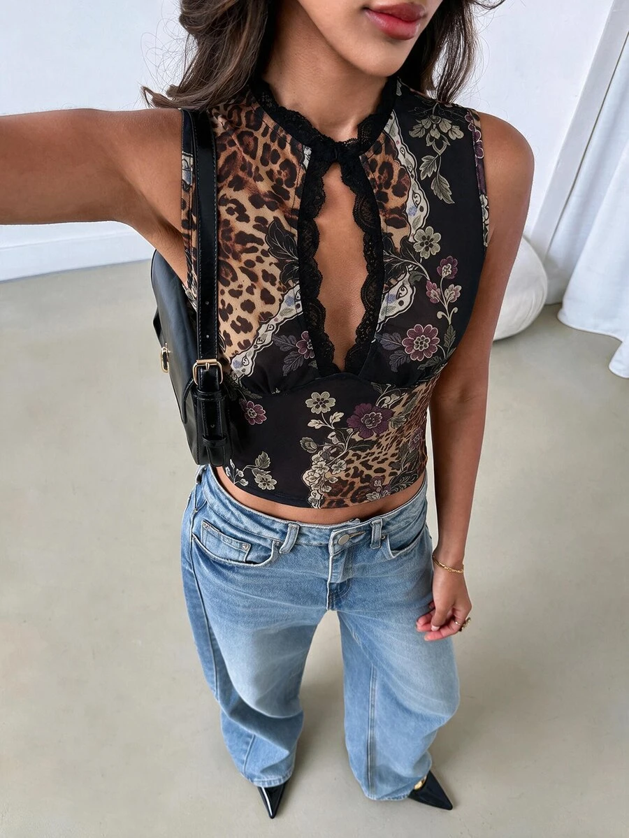 Aloruh Printed Mesh Fitted Women's Tank Top - Navy Blue - View 1
