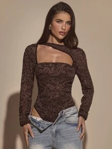 SHEIN BAE بودي نسائي بني سادة مزين بالترتر بكتف غير متماثل وأكمام طويلة من الدانتيل والشبك، بودي دانتيل بني للربيع والصيف - بني - مشاهدة 6