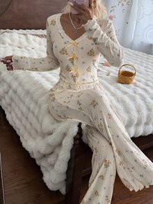 CottageSlumber Soft French Ditsy Floral Pajama Set, V-Neck Button Bow Long Sleeve Long Pants Loungewear - Yellow - View 5