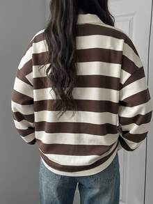 FRIFUL Women's Striped Polo Collar Casual Drop Shoulder Long Sleeve Loose Fit T-Shirt Fall - Brown - View 7