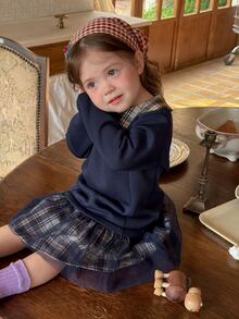 DAZY Baby Girl Plaid Mesh Colorblock Casual Summer Dress - Navy Blue - View 3