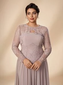 Serin Plus Size Elegant Romantic Champagne Lace Long Sleeve 2 Pieces Set French Lace Patchwork Chiffon Ruched Extra Large A-Line Skirt Suitable For Wedding Events Parties Celebrations All Formal Occasions Bride Mother Dress - Dusty Pink - View 2