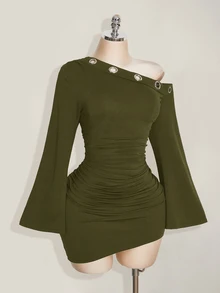 SHEIN ICON Plus Size Casual Daily Summer Dress With Pockets, Diagonal Shoulder And Grommet Decor Fall - Army Green - View 6
