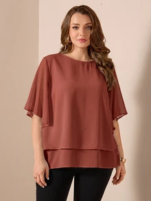 SHEIN LUNE 大尺碼女款純色休閒日常短袖襯衫 - 藕粉色 - 查看 5