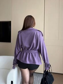 Vibekara 大尺碼女款素色休閒百搭日常長袖外套 秋季 - 紫色 - 查看 3