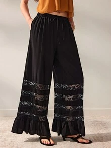 Willow Rêve Celana Panjang Wanita Hitam Longgar dengan Kaki Lebar, Desain Warna Polos dengan Hiasan Renda, Tali Serut, dan Hem Bergelombang, Gaya Bohemian Romantis dan Pastoral; Cocok untuk Festival Musik Musim Panas dan Pakaian Liburan - Hitam - View 3