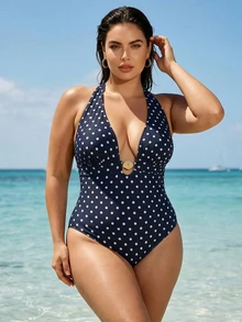 Slaydiva Plus Size Women One-Piece Random Polka Dot Print Casual Swimsuit - Black and White - View 1