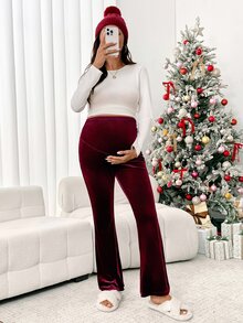 SHEIN Maternity Solid Color Adjustable Waist Flare Pants - Burgundy - View 5