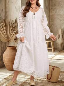 EMERY ROSE Plus Size Solid White Lace Patchwork V-Neck Long Sleeve Bow Front Ruffle Party Dress Fall Winter 2026 - White - View 3