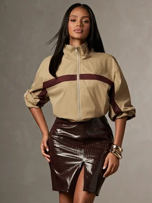 Hauture Women's American Retro Colorblock Stand Collar Windbreaker Jacket, Loose Fit Drop Shoulder Zip-Up Jacket For Autumn/Winter - Khaki - View 3