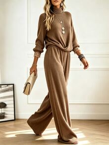 Holdful Holdful Women's Solid Color Long Sleeve Top And Pants Casual Daily 2 Pieces Set - Brown - View 4