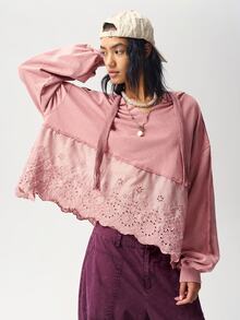 Bohemela Women's Burnout Embroidery Casual Daily Wear Hooded Sweatshirt - Dusty Pink - View 1
