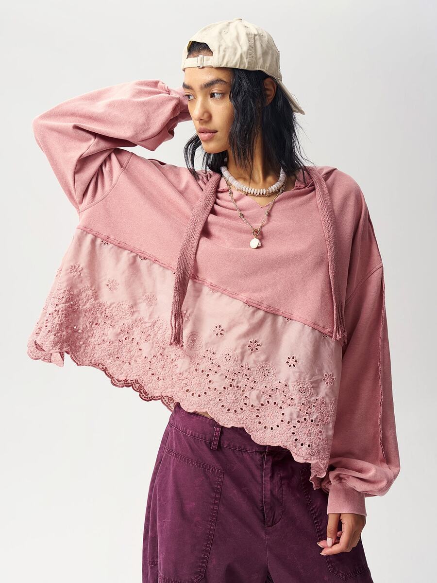 Bohemela Women's Burnout Embroidery Casual Daily Wear Hooded Sweatshirt - Dusty Pink - View 1