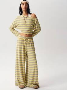 Bohemela Women's Striped Colorblock Asymmetric Shoulder Long Sleeve Top And Drawstring Waist Pants 2 Pieces Set - Yellow - View 6