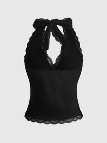 ROMWE Y2K Cotton-Feel Black Halter Neck Summer Sexy Knit V-Neck Lace Trim Women's Tank Top - Black - View 2