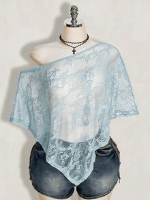 SHEIN ICON 女款大尺碼蕾絲單肩性感透視上衣 - 薄荷綠 - 查看 1