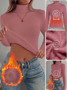 Franclia 歐美秋冬時尚百搭高領加厚抓絨修身長袖針織打底衫 - 藕粉色 - 查看 8