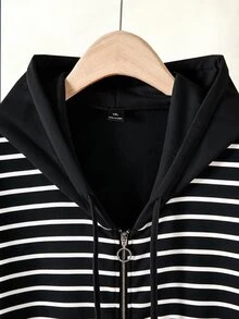 Rusticease 大尺碼女款休閒條紋連帽外套與長褲兩件套，附口袋，秋冬款 - 黑與白 - 查看 9