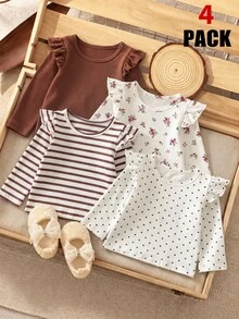 SHEIN Playful Pals 女嬰 0-3 歲 粉色 + 杏色配色 夏季純色與條紋針織短袖休閒日常或外出穿著 - 彩色 - 查看 7