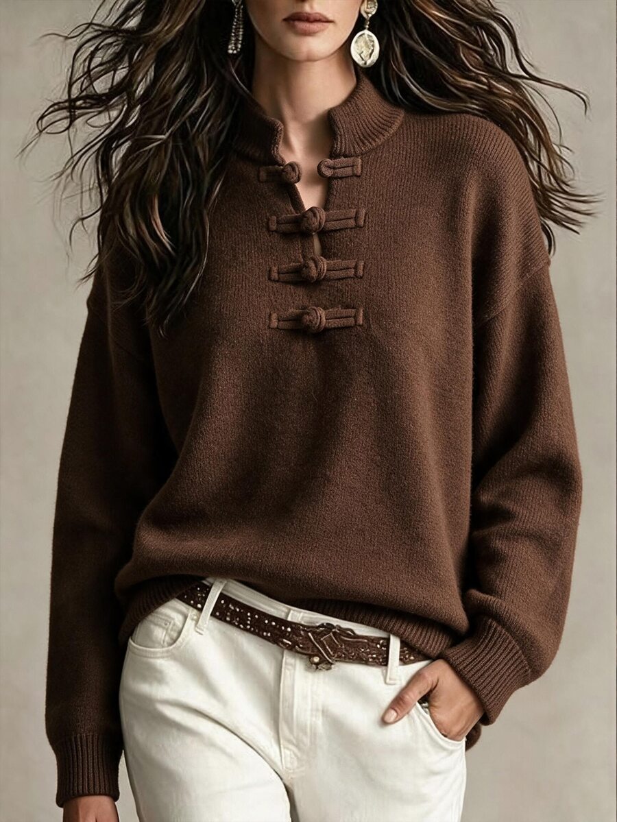 Omancia Elegant Ruyi Button Long Sleeve Women's Sweater - Brown - View 1