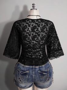SHEIN ICON Women's Halloween Black Lace Wrap Flutter Sleeve Deep V Neck Sexy Black Gothic French Lace Patchwork Sheer Top For Date - Black - View 2