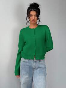 SHEIN Tall CURVE 大尺碼女款休閒純色圓領長袖寬鬆短版開襟針織外套 - 綠色 - 查看 7