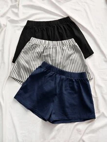 SHEIN VCAY 3件組女款夏季編織時尚海軍藍亞麻短褲，女款夏季海灘節慶休閒基礎款，黑色、灰色與白色 - 藏蓝色 - 查看 5