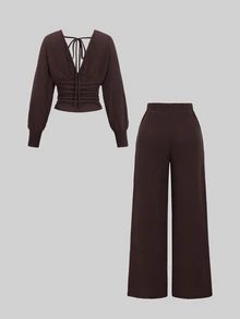 Sweetra Women's Autumn/Winter Fuzzy Ribbed Fabric V-Neck Batwing Sleeve Top & Straight Leg Pants Set - Red Violet - View 2
