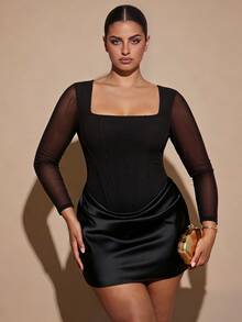 SHEIN BAE CURVE Plus Size Women's Mesh Patchwork Fashion Date Party Dress Fall - Black - View 3
