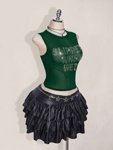 SHEIN ICON 大尺碼 Y2K 夏季黑色性感透視網紗水鑽亮片露背修身背心上衣（附水鑽字母裝飾） - 墨綠色 - 查看 6